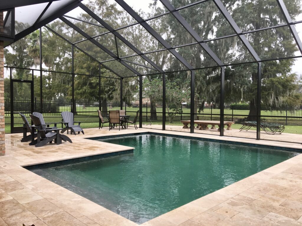 Testimonials 1 Elegant backyard pool enclosure with mesh screen by Adams Aluminum in Georgia